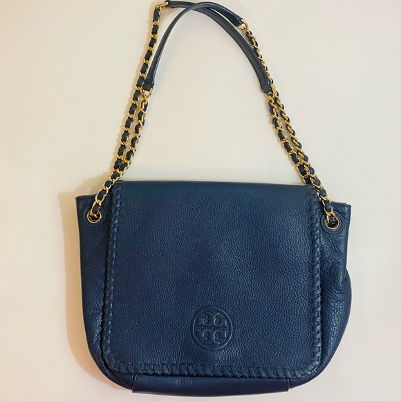 SOLD Tory Burch NWOT navy blue pebbled leather Marion shoulder bag - Picture 14 of 17